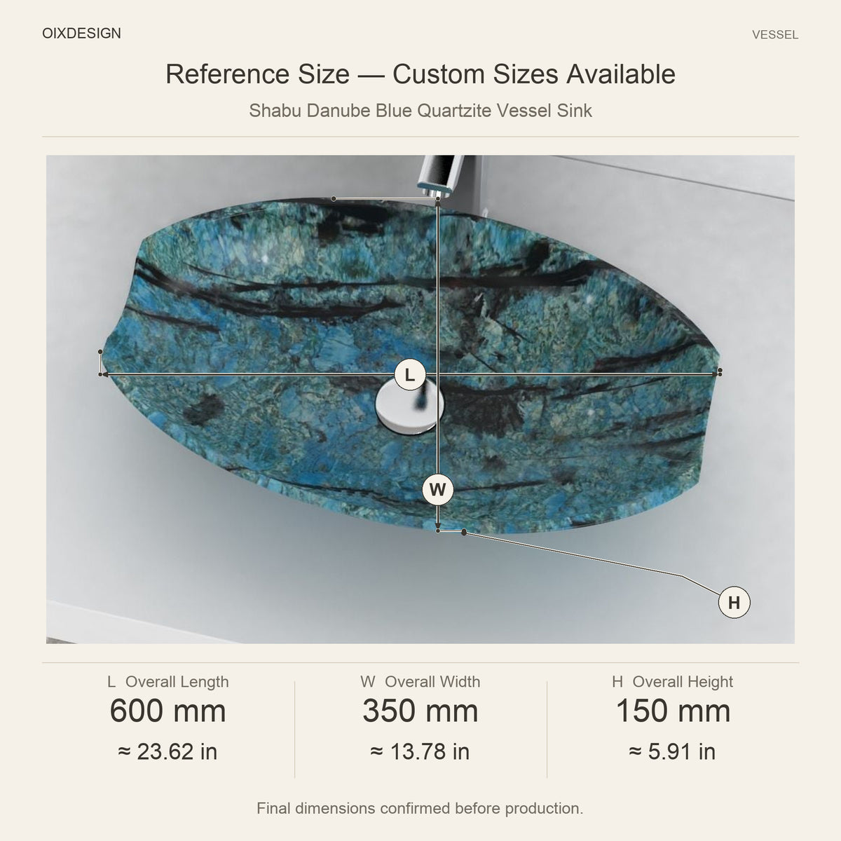 Shabu Danube Blue Quartzite Vessel Sink reference overall dimensions in millimeters and inches