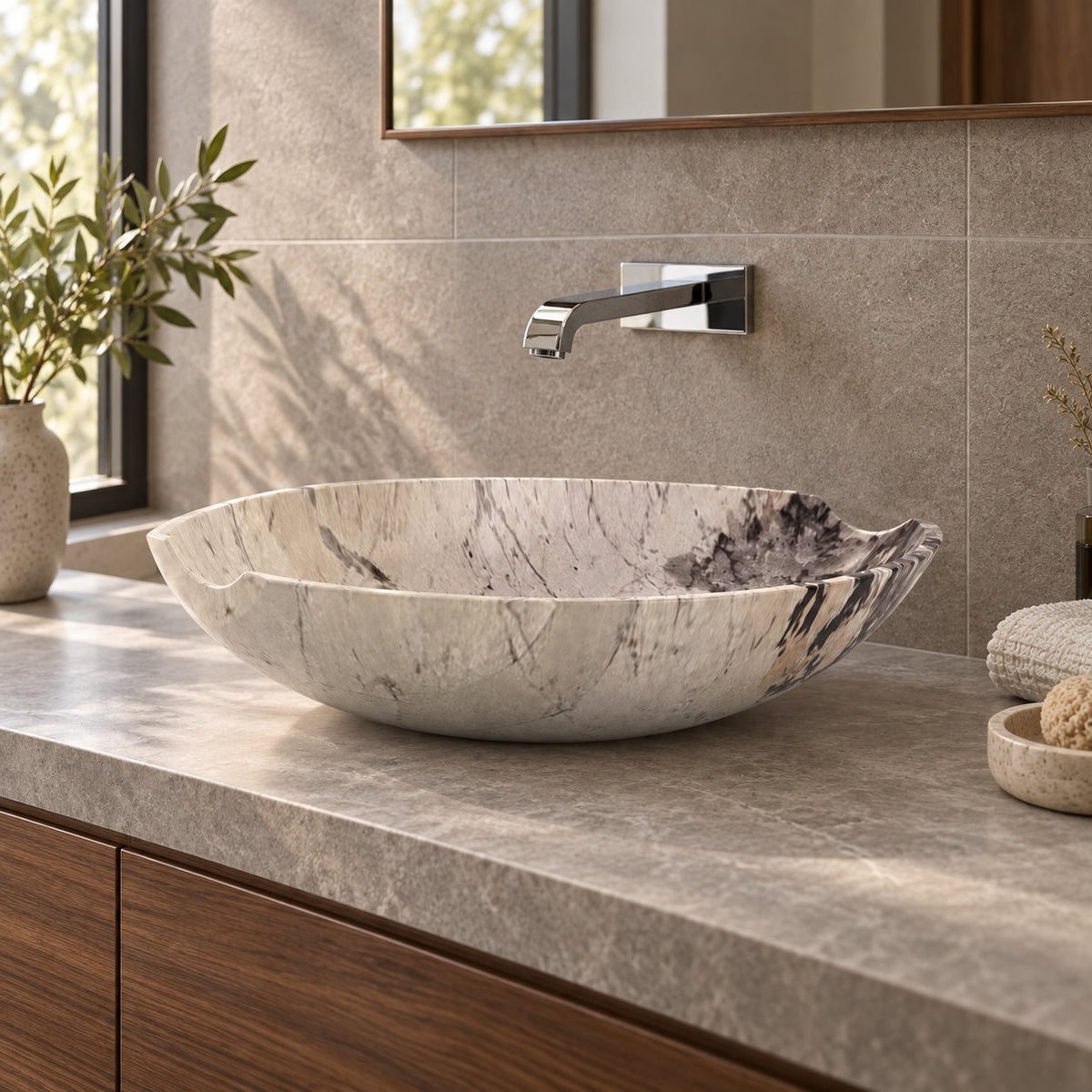 Shabu Pandora Blanc Quartzite Vessel Sink — three-quarter bathroom lifestyle