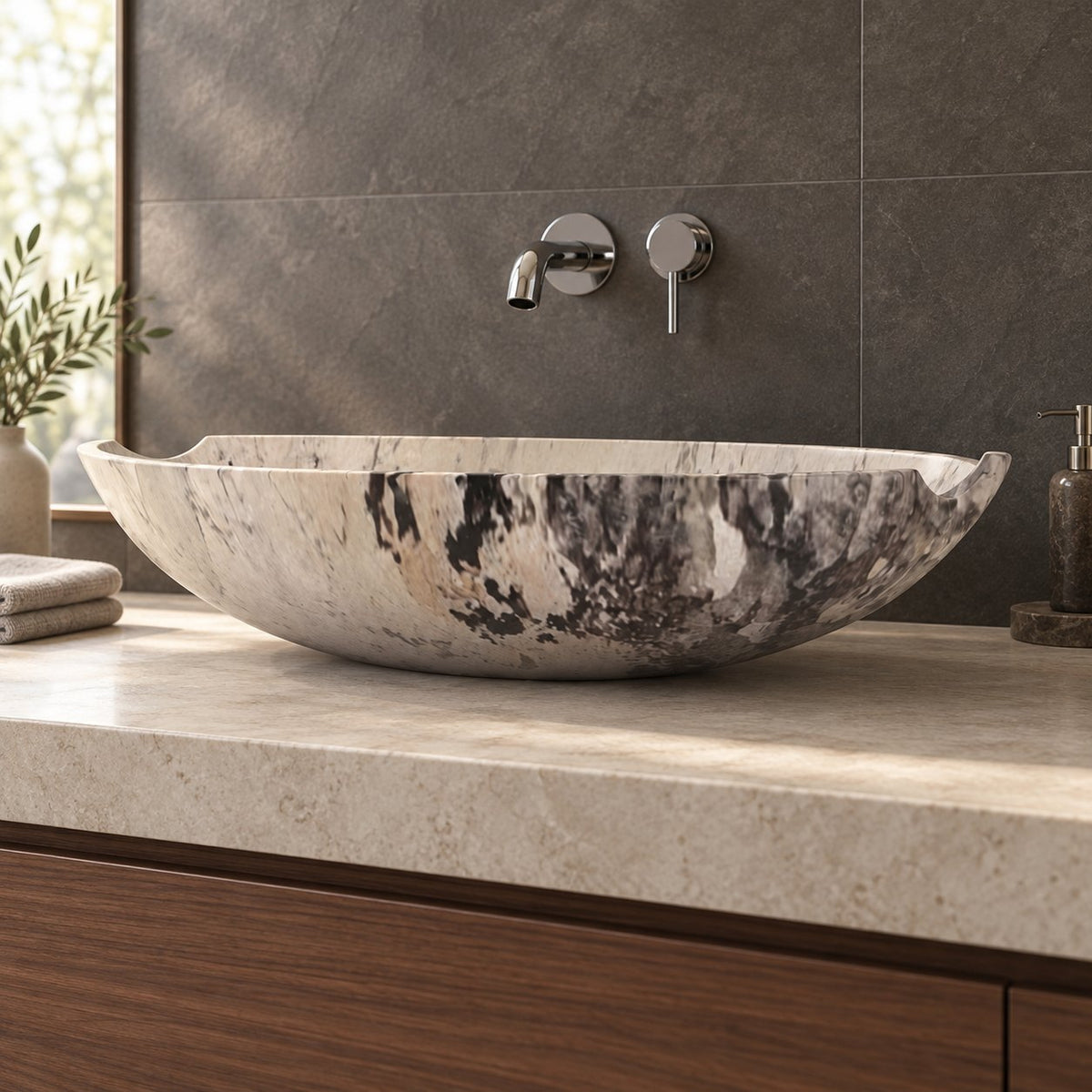 Shabu Pandora Blanc Quartzite Vessel Sink — low frontal bathroom lifestyle