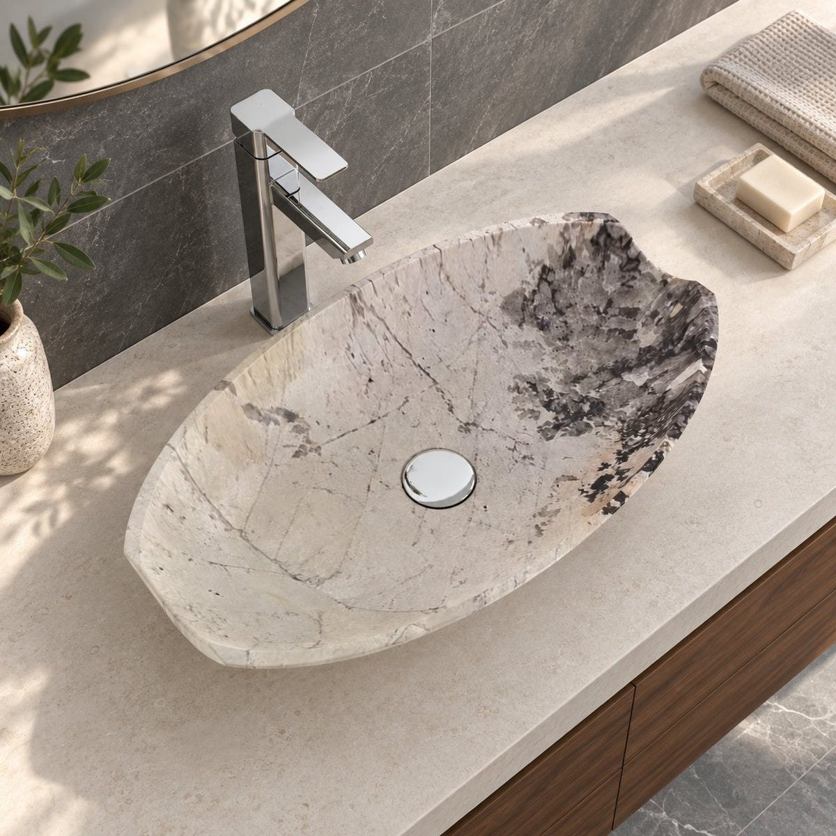 Shabu Pandora Blanc Quartzite Vessel Sink — overhead bathroom lifestyle