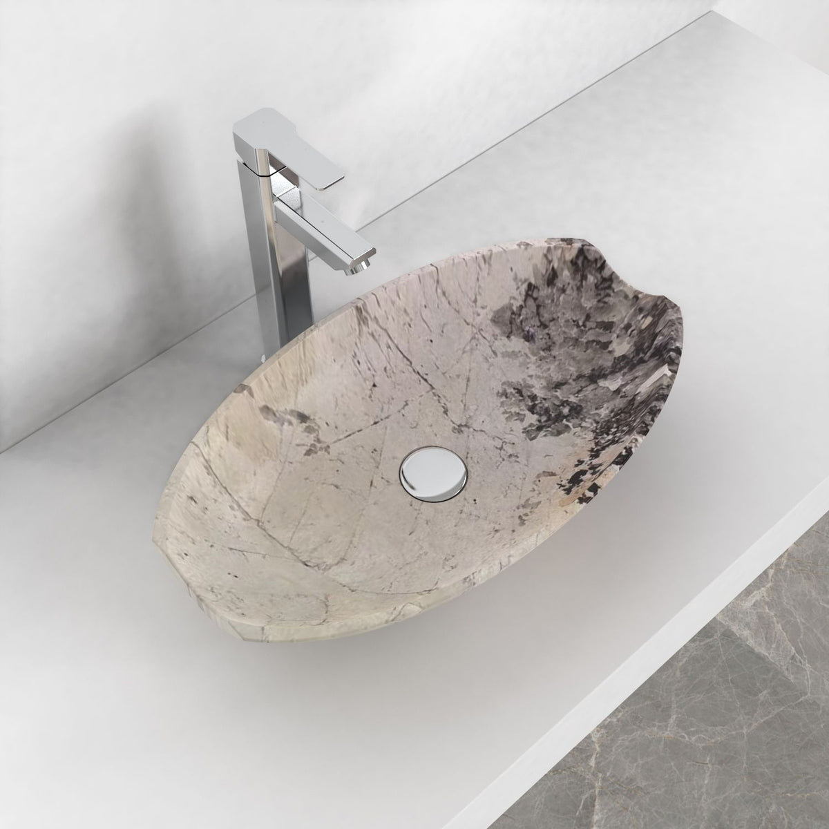 Shabu Pandora Blanc Quartzite vessel sink, alternate lifestyle view showing bowl and countertop