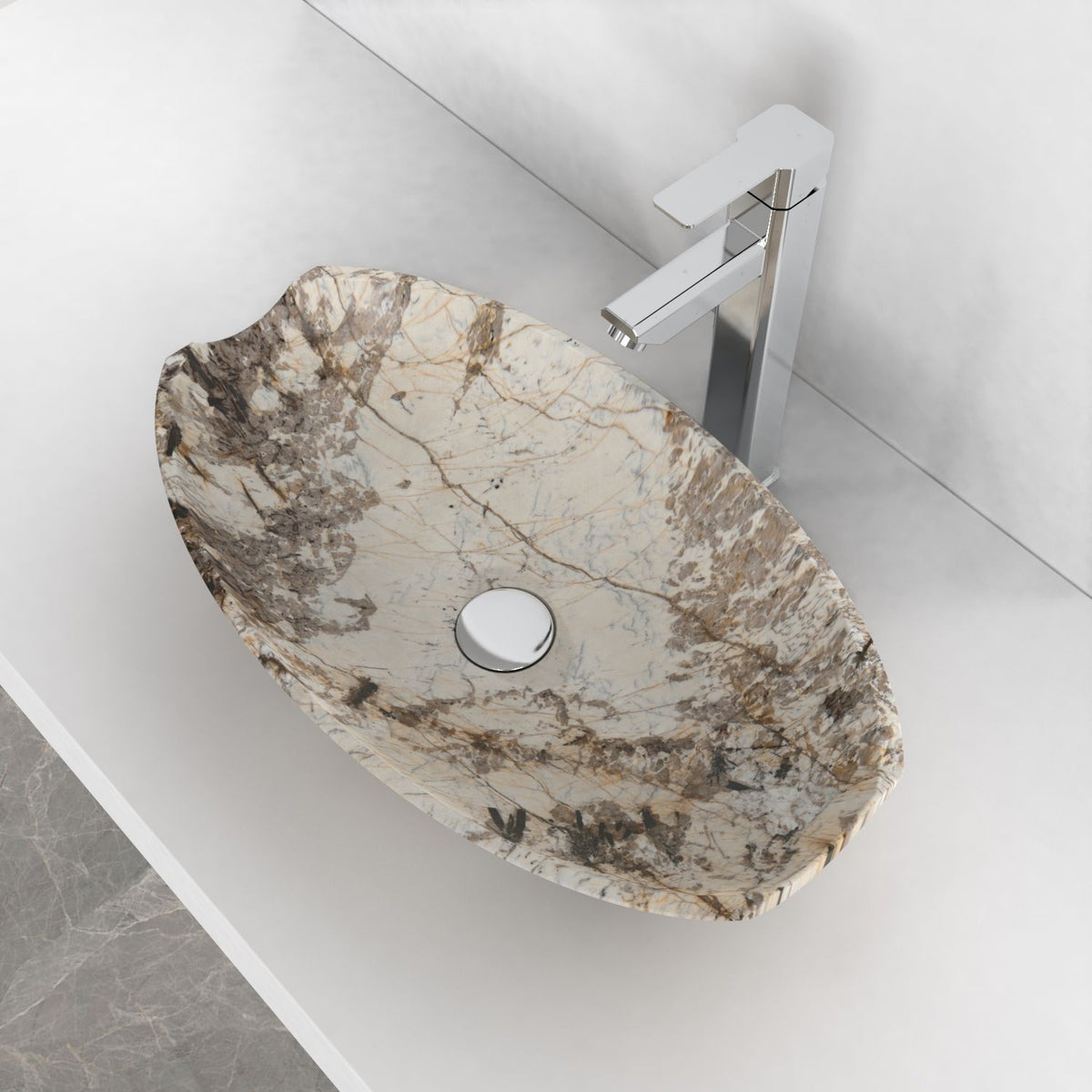 Shabu Pandora Blanc Quartzite vessel sink, interior and material detail