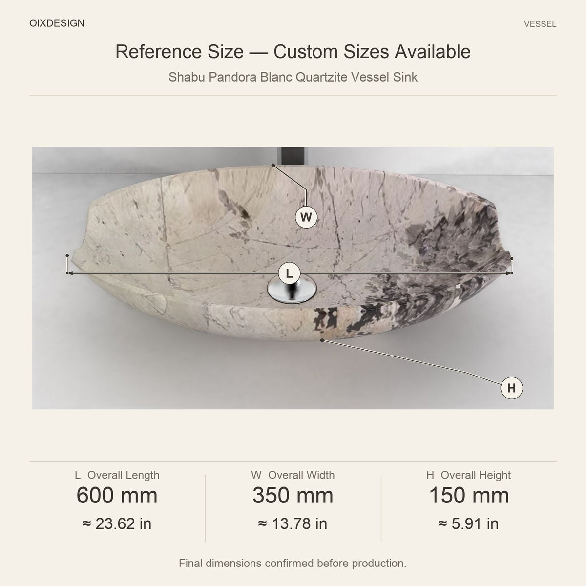 Shabu Pandora Blanc Quartzite Vessel Sink reference overall dimensions in millimeters and inches