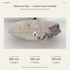 Shabu Pandora Blanc Quartzite Vessel Sink reference overall dimensions in millimeters and inches