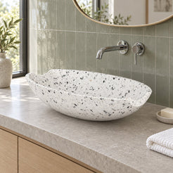Shabu White Terrazzo Vessel Sink — three-quarter bathroom lifestyle