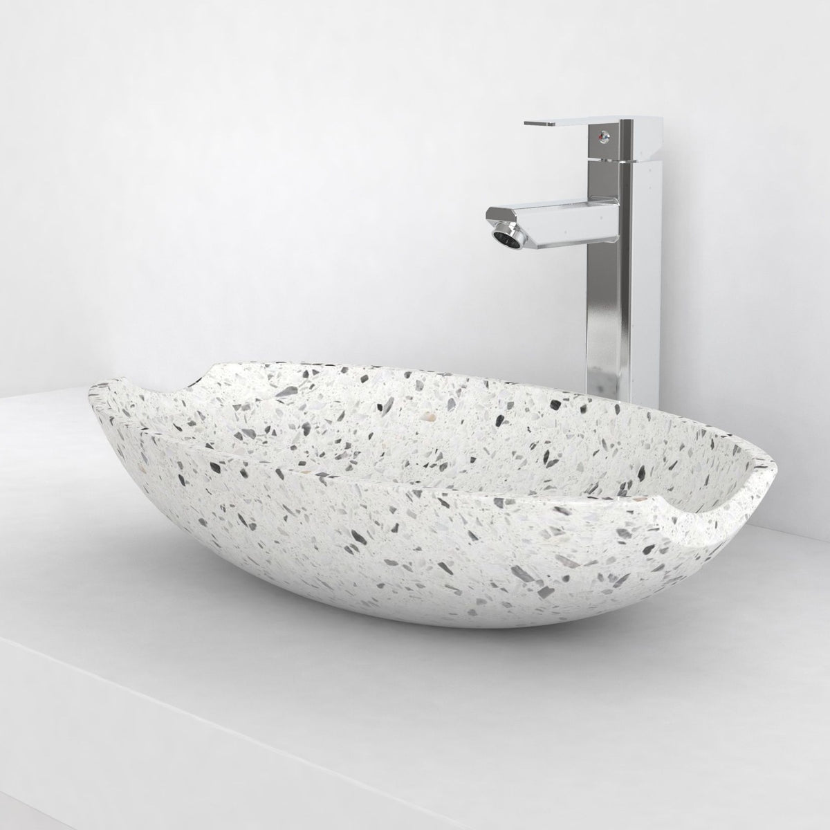 Shabu white terrazzo vessel sink, countertop hero lifestyle view