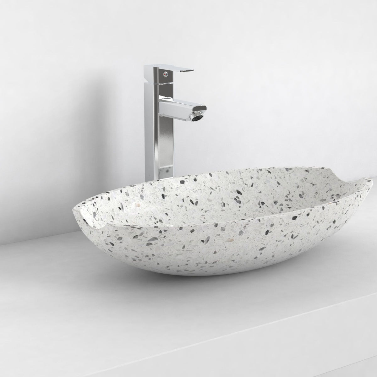 Shabu white terrazzo vessel sink, second countertop angle