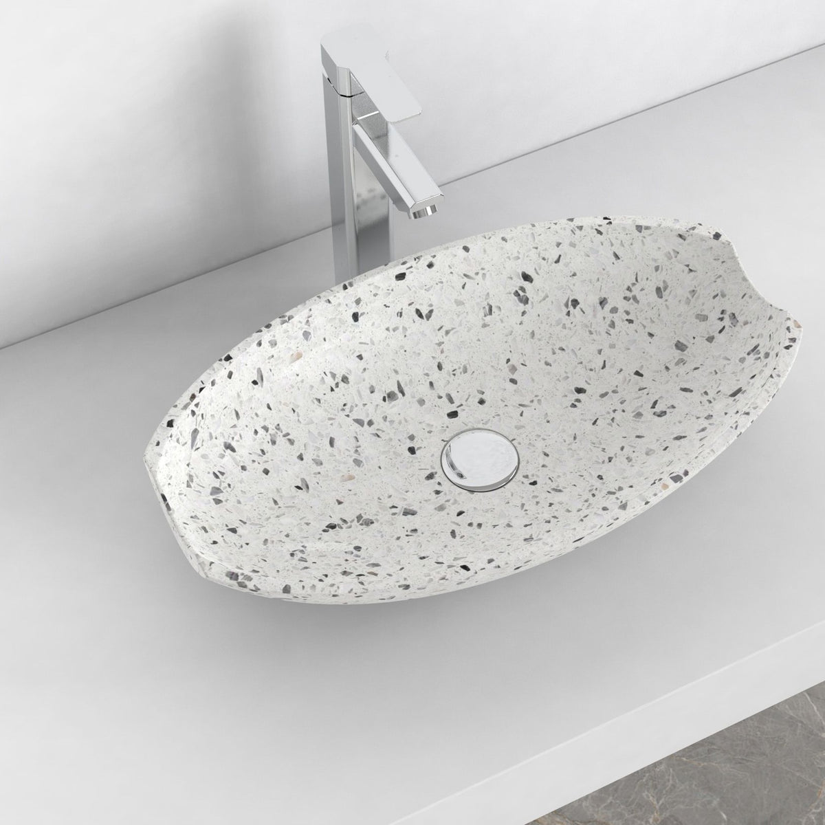 Shabu white terrazzo vessel sink, alternate lifestyle view showing bowl and countertop