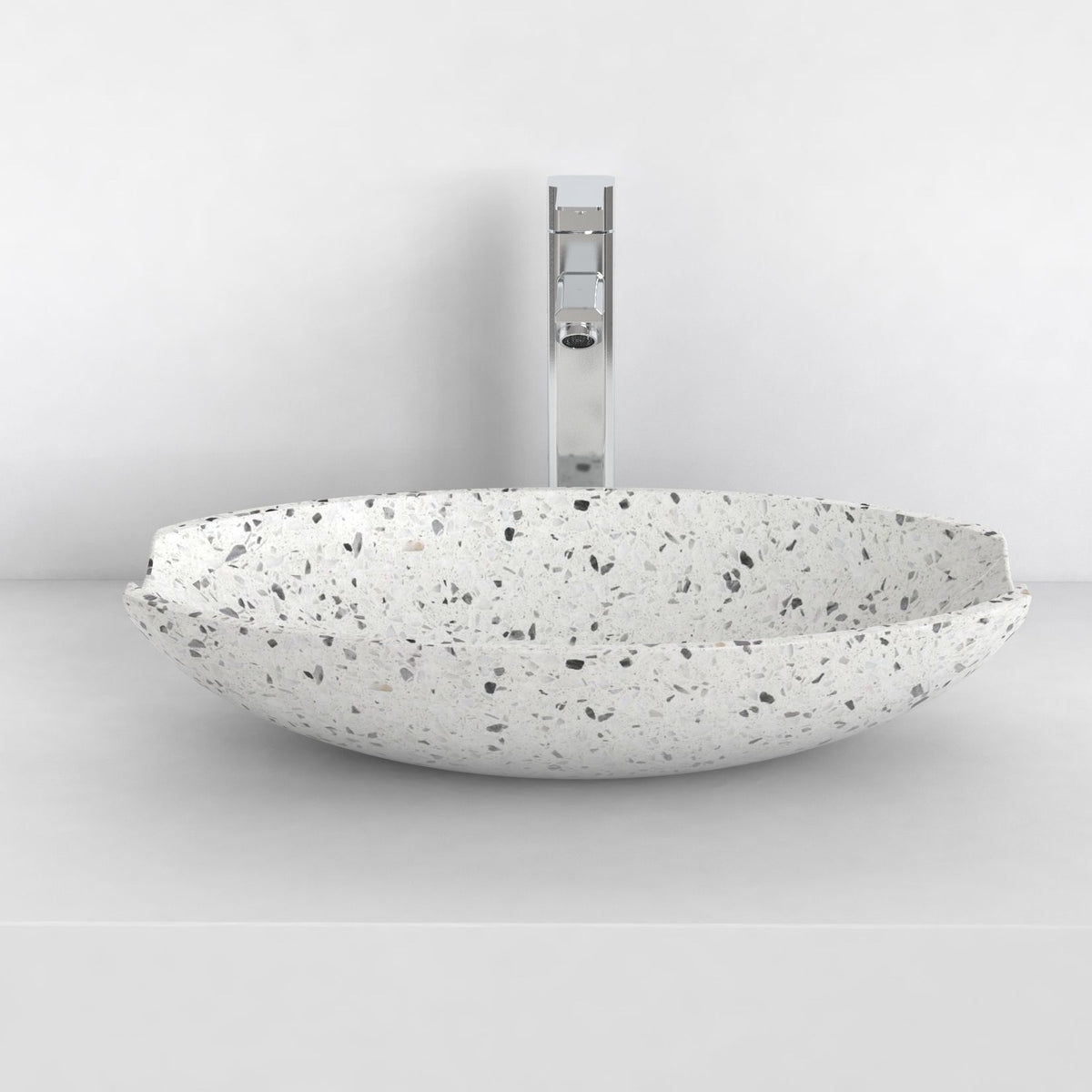 Shabu white terrazzo vessel sink, complete exterior shape and profile