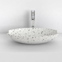 Shabu white terrazzo vessel sink, complete exterior shape and profile