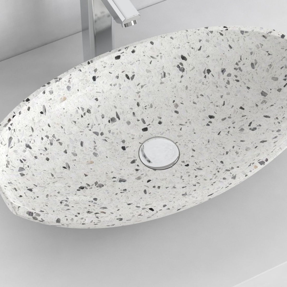 Shabu white terrazzo vessel sink, interior and material detail