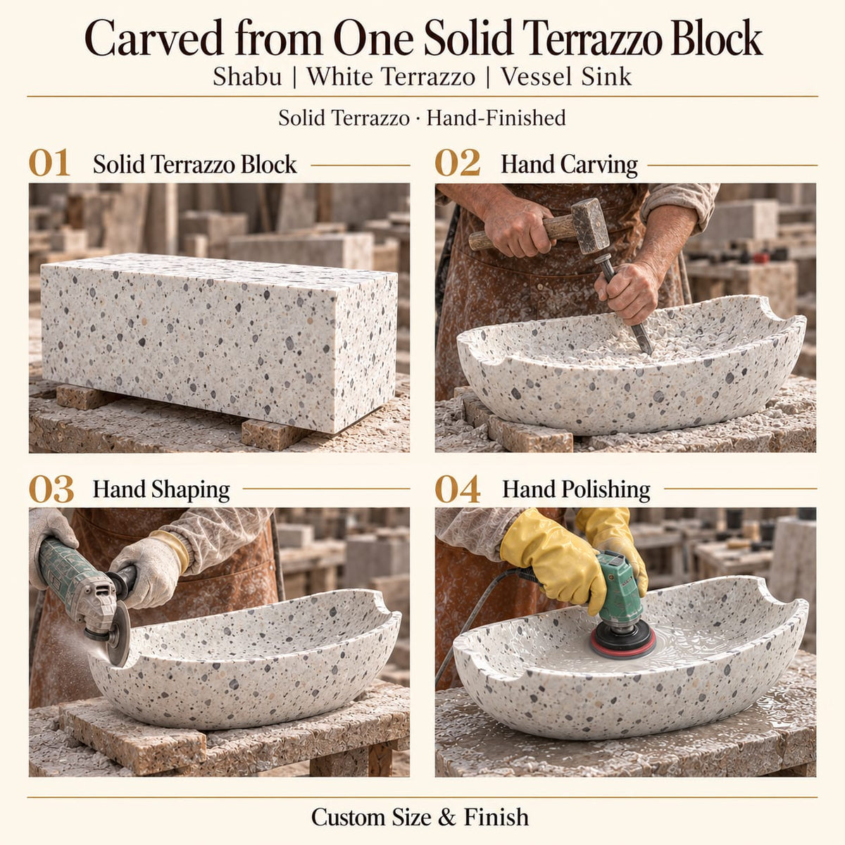 Shabu White Terrazzo Vessel Sink carved from one solid terrazzo block, with hand carving, hand shaping and hand polishing; custom size and finish.