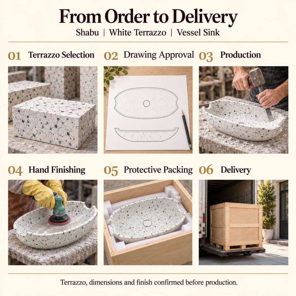 Shabu White Terrazzo Vessel Sink from order to delivery: material selection, drawing approval, production, hand finishing, protective foam packing in a plywood crate and delivery; specifications confirmed before production.