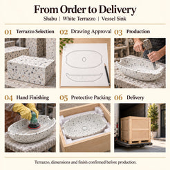 Shabu White Terrazzo Vessel Sink from order to delivery: material selection, drawing approval, production, hand finishing, protective foam packing in a plywood crate and delivery; specifications confirmed before production.