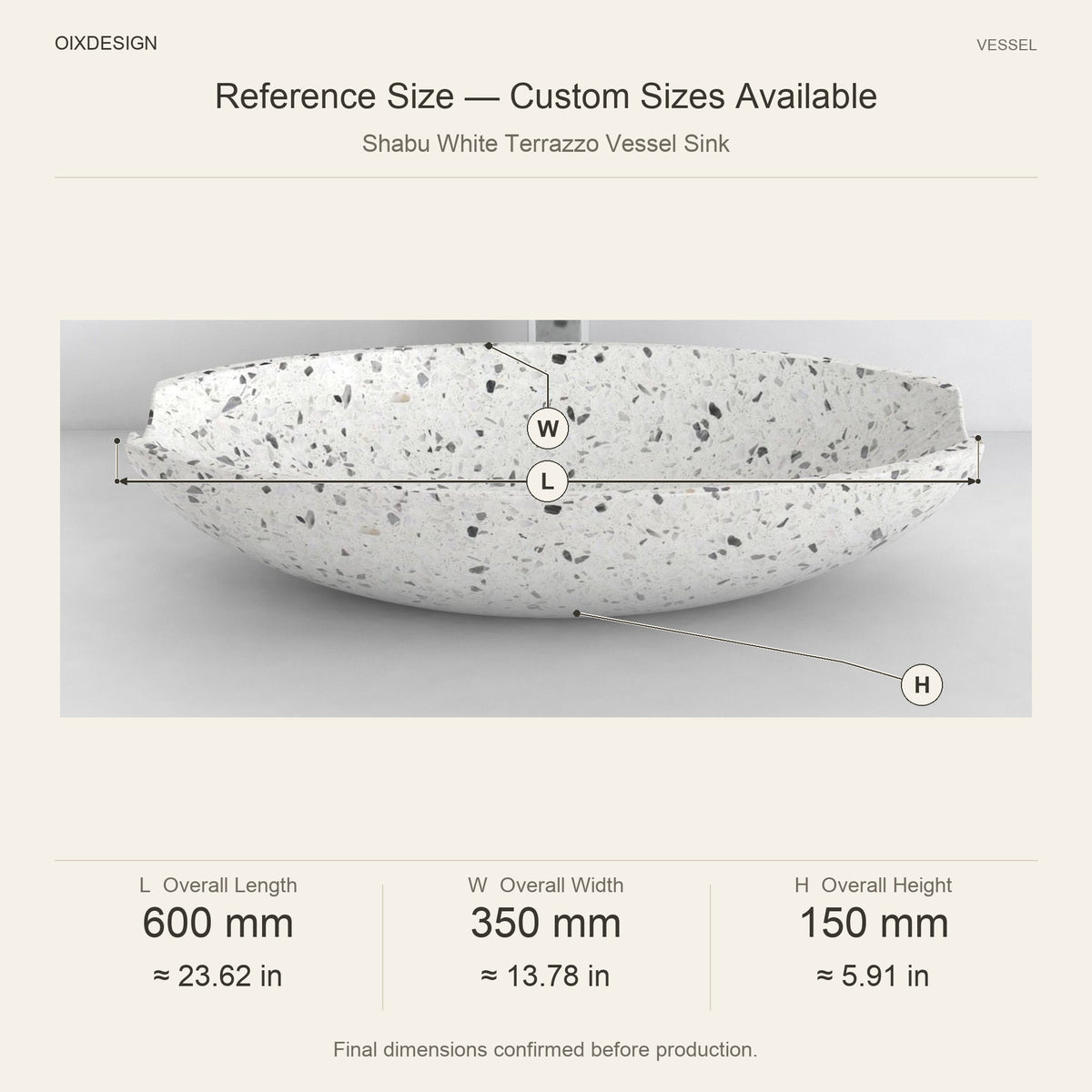 Shabu White Terrazzo Vessel Sink reference overall dimensions in millimeters and inches