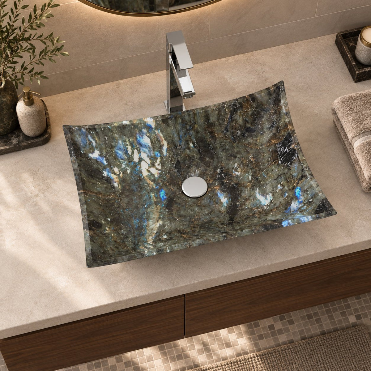Shachi Celestia Blue Quartzite Vessel Sink — overhead bathroom lifestyle