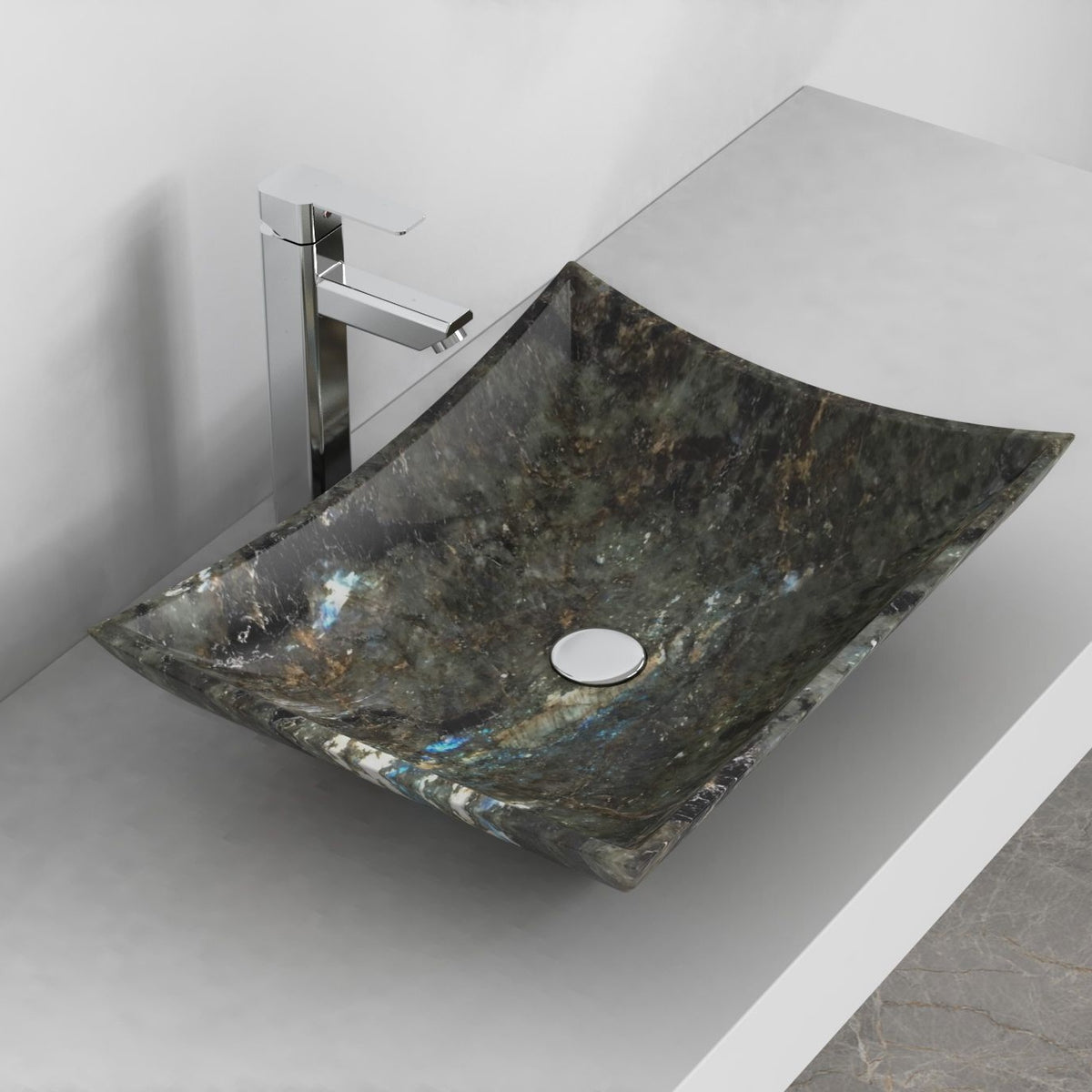 Shachi Celestia Blue Quartzite Vessel Sink, interior, rim and material detail