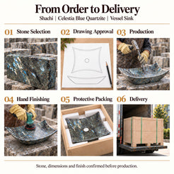 Shachi Celestia Blue Quartzite Vessel Sink from order to delivery: material selection, drawing approval, production, hand finishing, protective foam packing in a plywood crate and delivery; specifications confirmed before production.