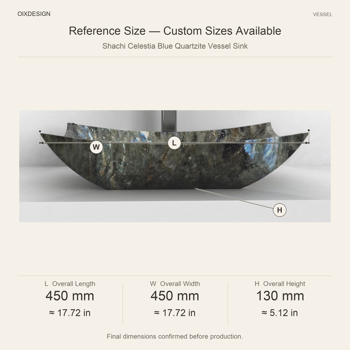 Shachi Celestia Blue Quartzite Vessel Sink reference overall dimensions in millimeters and inches