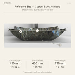Shachi Celestia Blue Quartzite Vessel Sink reference overall dimensions in millimeters and inches