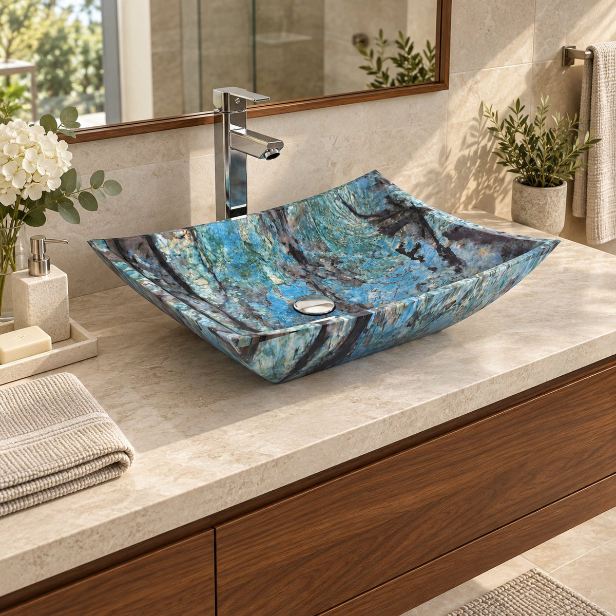 Shachi Danube Blue Quartzite Vessel Sink — three-quarter bathroom lifestyle