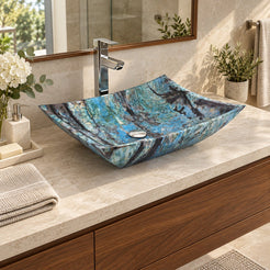 Shachi Danube Blue Quartzite Vessel Sink — three-quarter bathroom lifestyle