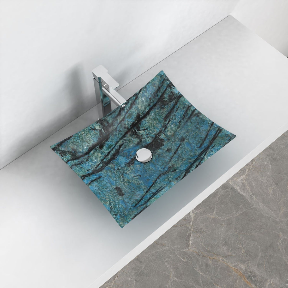 Shachi Danube Blue Quartzite Vessel Sink, interior, rim and material detail