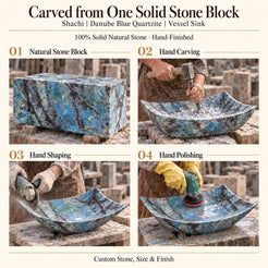 Shachi Danube Blue Quartzite Vessel Sink carved from one solid stone block, showing manual hammer-and-chisel carving, hand shaping and hand polishing; custom stone, size and finish.