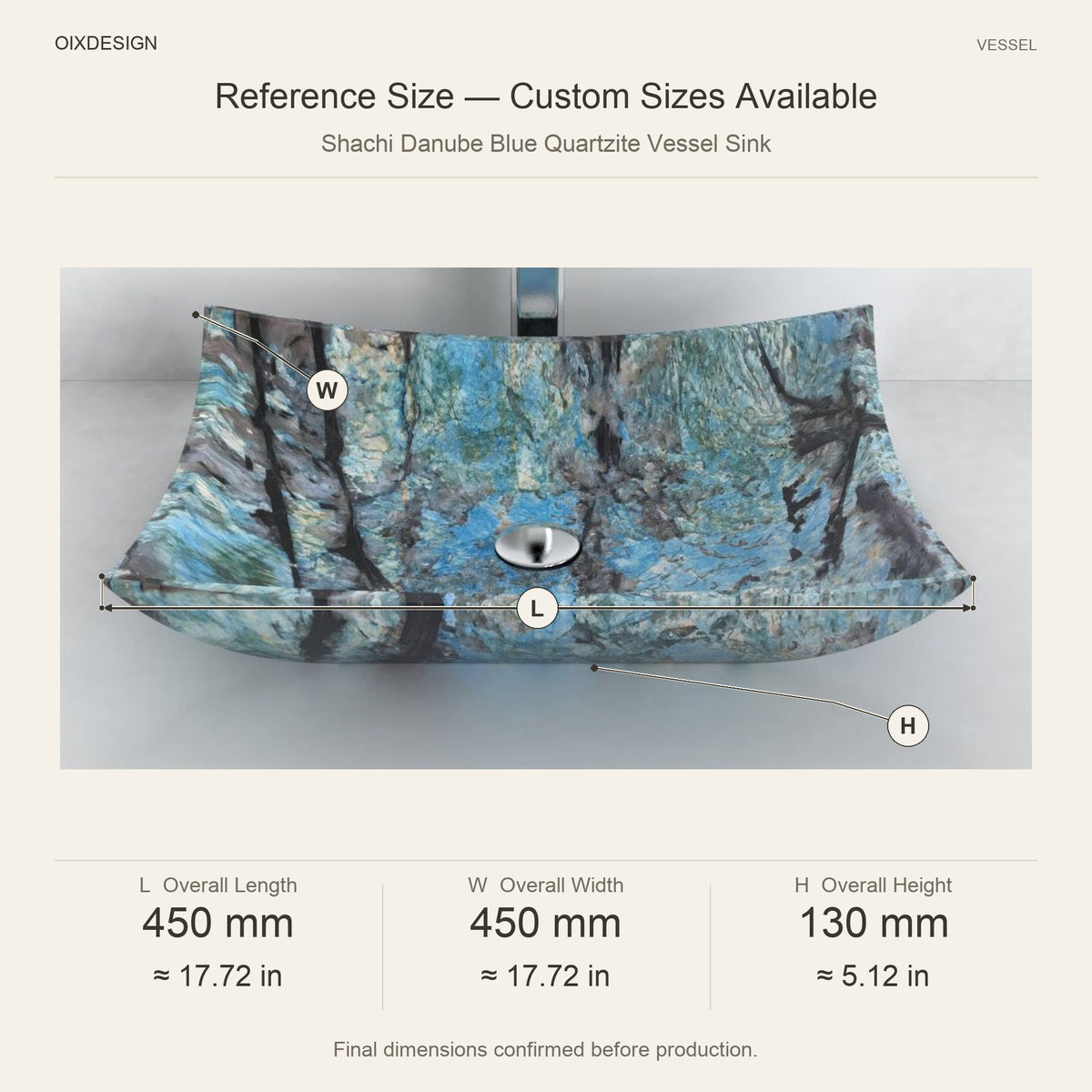 Shachi Danube Blue Quartzite Vessel Sink reference overall dimensions in millimeters and inches