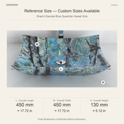 Shachi Danube Blue Quartzite Vessel Sink reference overall dimensions in millimeters and inches