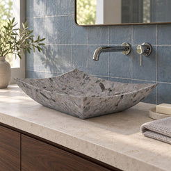 Shachi Dark Terrazzo Vessel Sink — three-quarter bathroom lifestyle