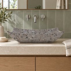Shachi Dark Terrazzo Vessel Sink — low frontal bathroom lifestyle