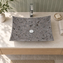 Shachi Dark Terrazzo Vessel Sink — overhead bathroom lifestyle