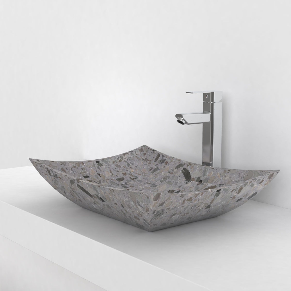 Shachi dark terrazzo vessel sink, countertop hero lifestyle view