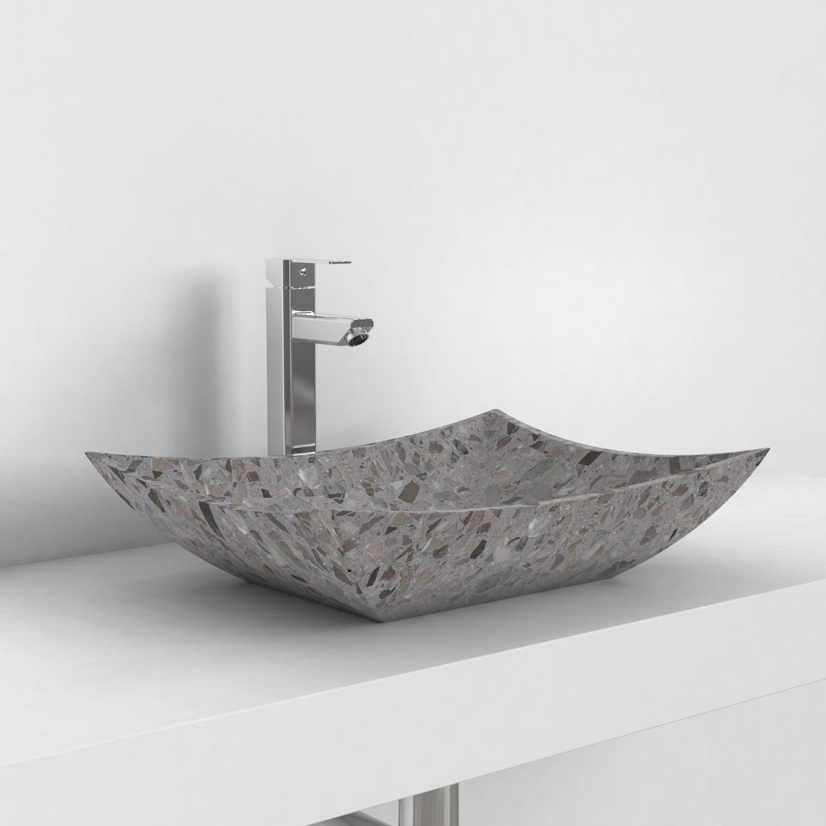 Shachi dark terrazzo vessel sink, opposite countertop angle