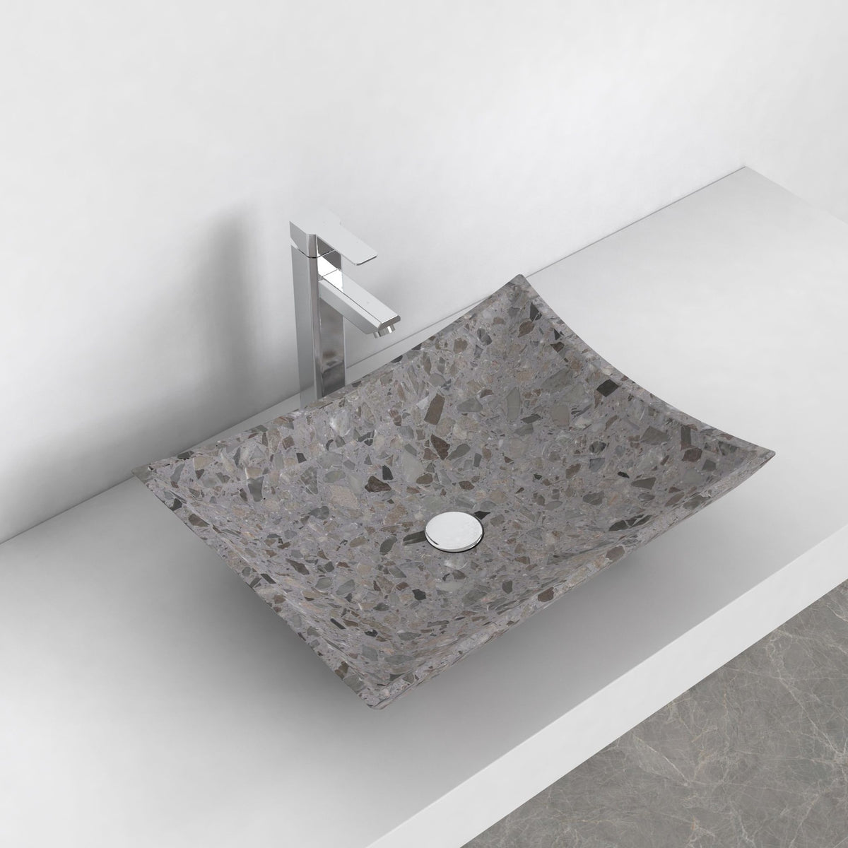 Shachi dark terrazzo vessel sink, elevated countertop lifestyle view