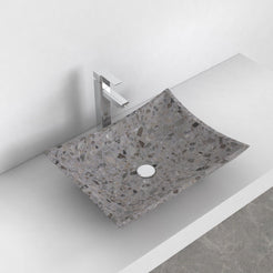 Shachi dark terrazzo vessel sink, elevated countertop lifestyle view