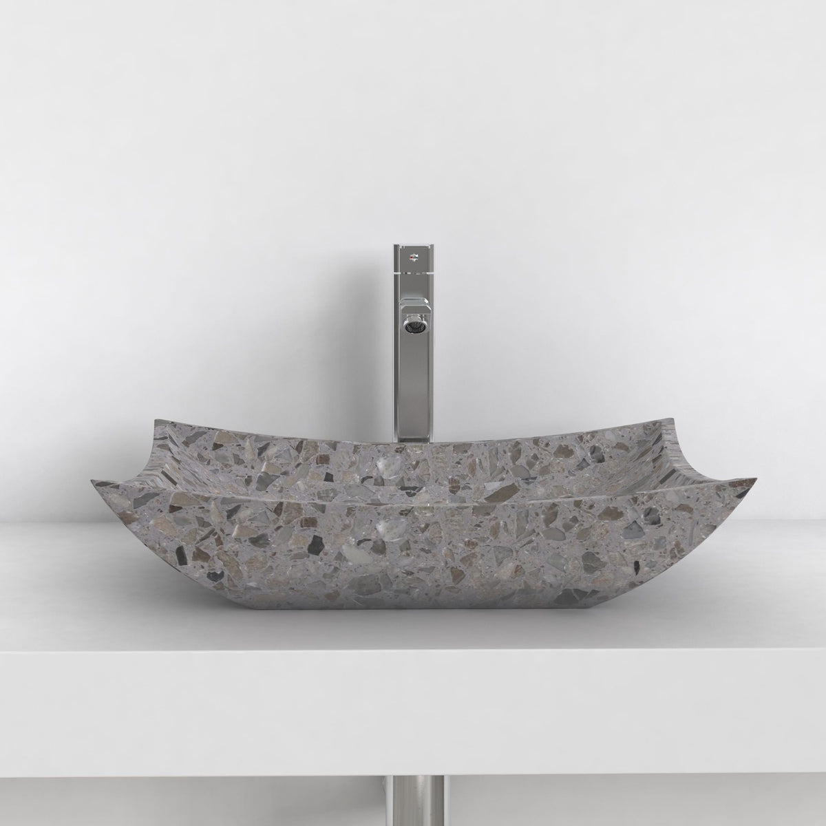 Shachi dark terrazzo vessel sink, complete exterior profile