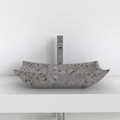 Shachi dark terrazzo vessel sink, complete exterior profile