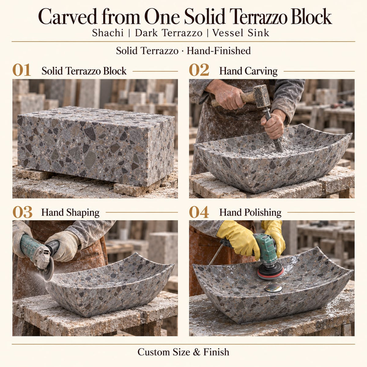 Shachi Dark Terrazzo Vessel Sink carved from one solid terrazzo block, with hand carving, hand shaping and hand polishing; custom size and finish.