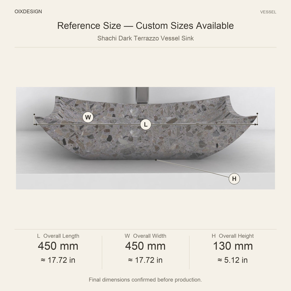 Shachi Dark Terrazzo Vessel Sink reference overall dimensions in millimeters and inches