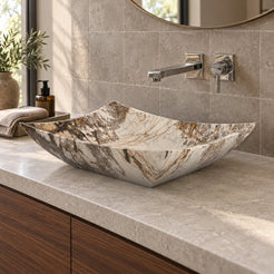 Shachi Pandora Blanc Quartzite Vessel Sink — three-quarter bathroom lifestyle