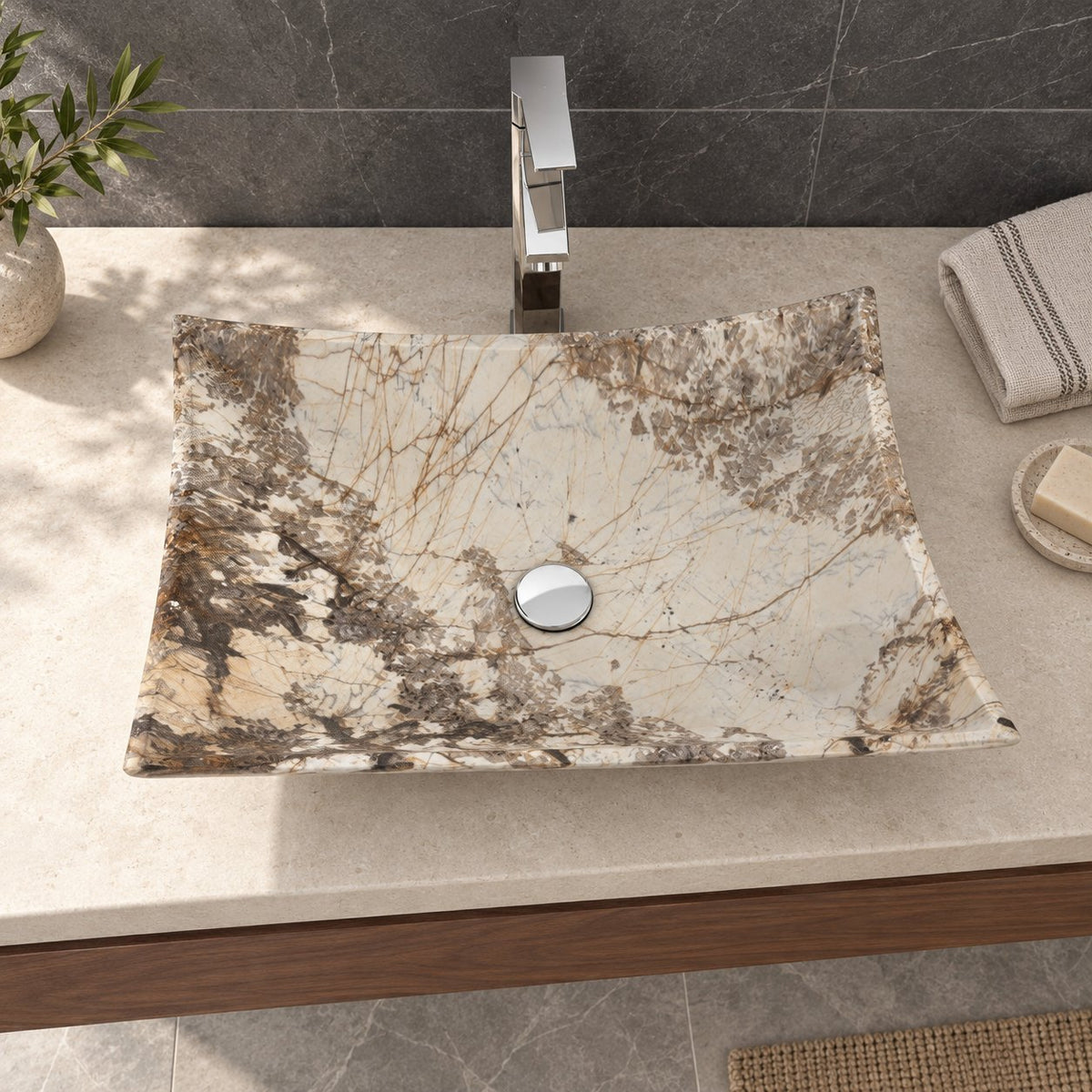 Shachi Pandora Blanc Quartzite Vessel Sink — overhead bathroom lifestyle