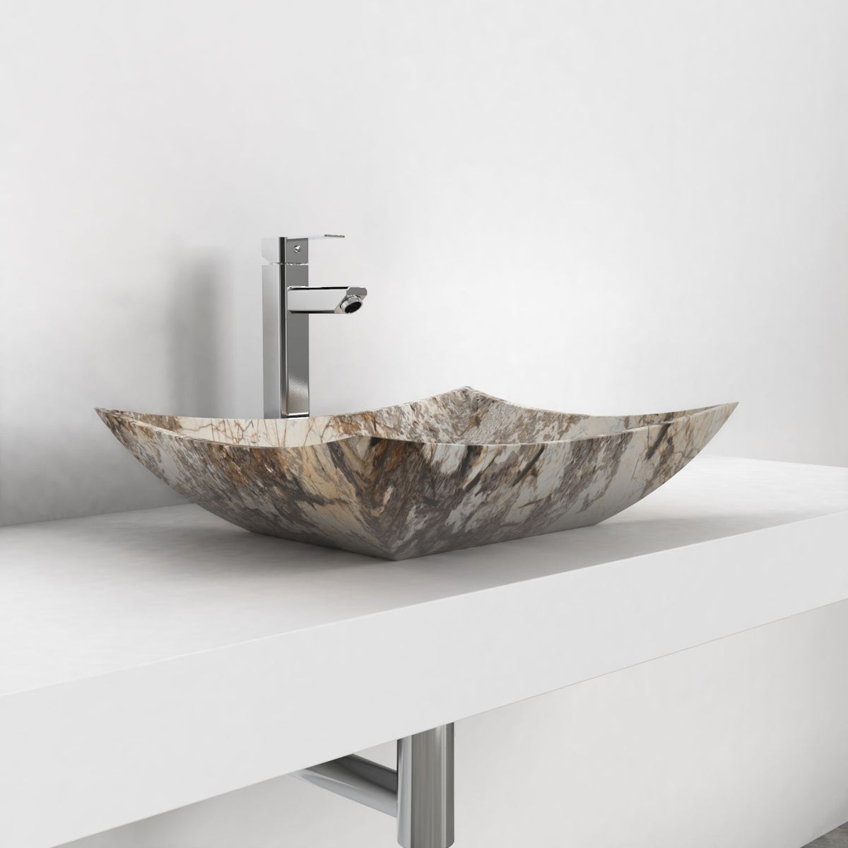 Shachi Pandora Blanc Quartzite vessel sink, opposite countertop angle