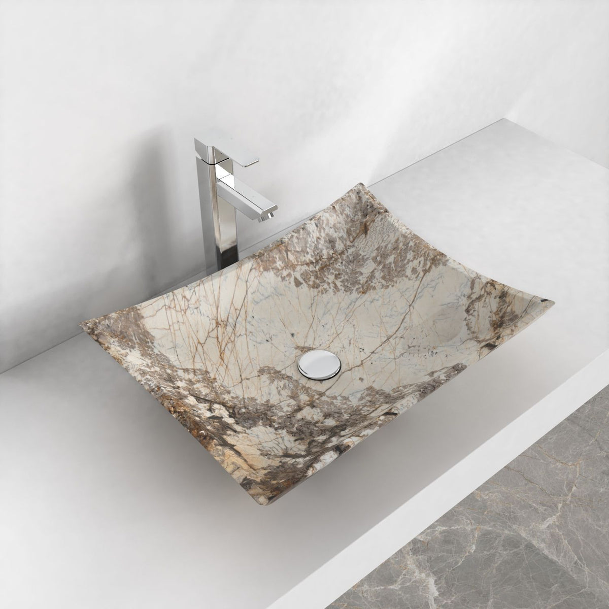 Shachi Pandora Blanc Quartzite vessel sink, elevated countertop lifestyle view