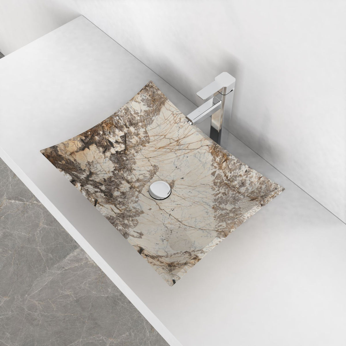 Shachi Pandora Blanc Quartzite vessel sink, interior and material detail