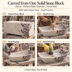 Shachi Pandora Blanc Quartzite Vessel Sink carved from one solid stone block, showing manual hammer-and-chisel carving, hand shaping and hand polishing; custom stone, size and finish.