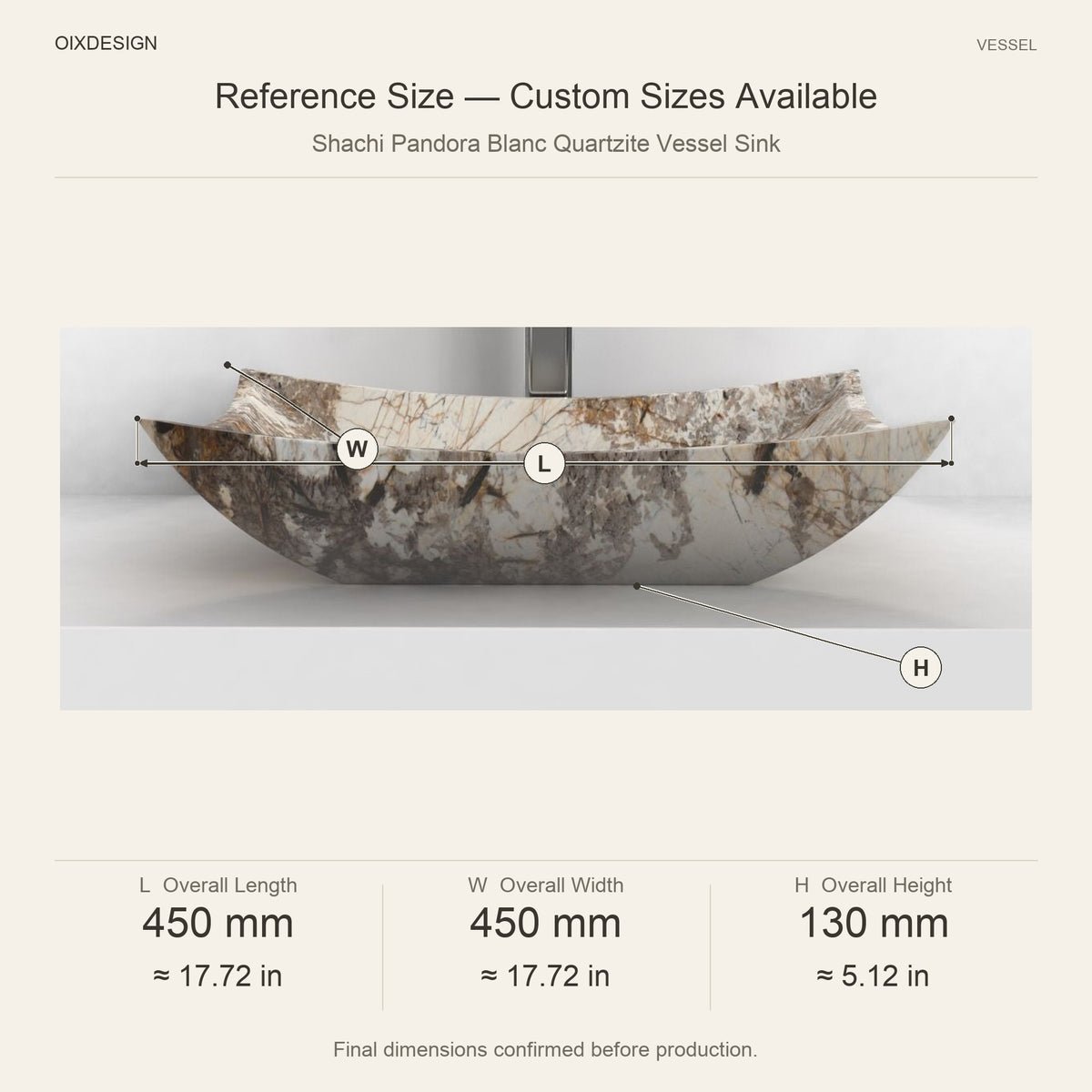 Shachi Pandora Blanc Quartzite Vessel Sink reference overall dimensions in millimeters and inches