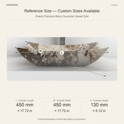 Shachi Pandora Blanc Quartzite Vessel Sink reference overall dimensions in millimeters and inches
