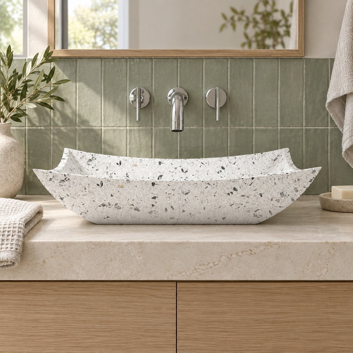 Shachi White Terrazzo Vessel Sink — low frontal bathroom lifestyle